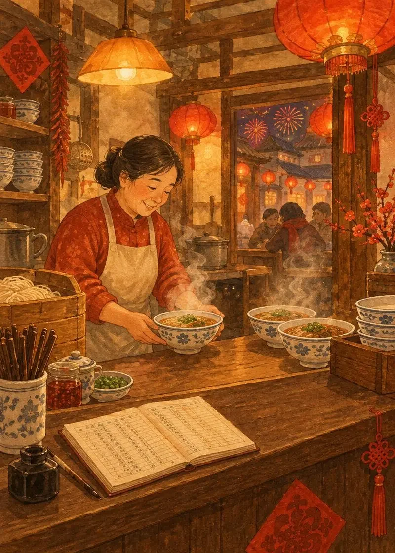 黄果短剧漫剧专区《账本里的年三十》封面：小面馆柜台上的账本与热腾腾的汤面